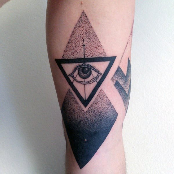 Man With Dotted Grey Traingle Eye Tattoo On Arms