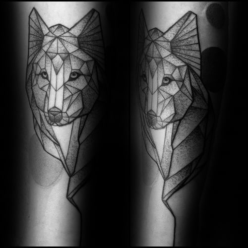 Man With Dotwork Tattoo Of Geometric Wolf