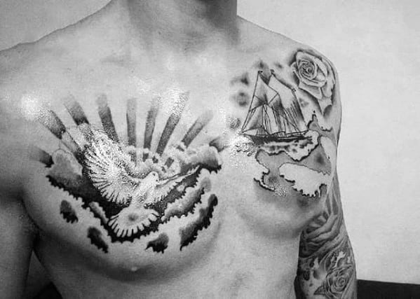 Man With Dove And Ship Cloud Shaded Chest Tattoo Design
