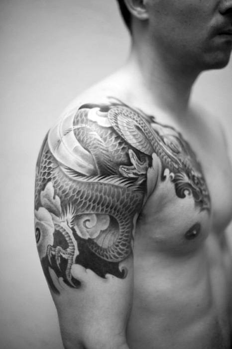 Man With Dragon Japanese Quarter Sleeve And Shoulder Tattoo