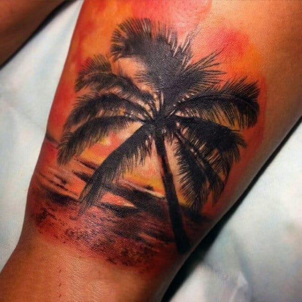 Man With Dramatic Palm Beach Sunset Tattoo On Thigh