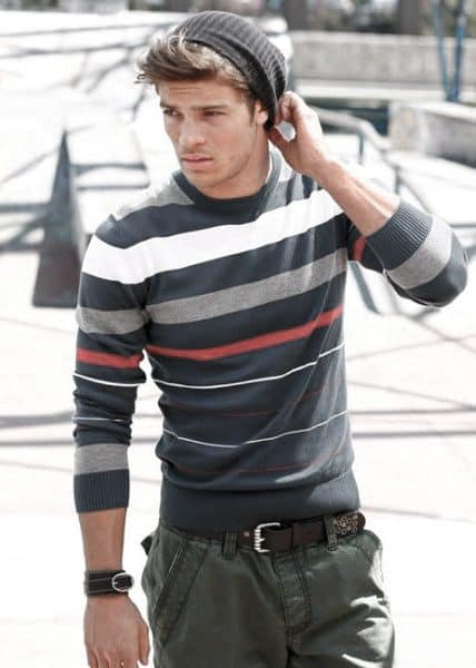 Man With Fall Outfits Fashionable Style Look Striped Long Sleeve Sweater