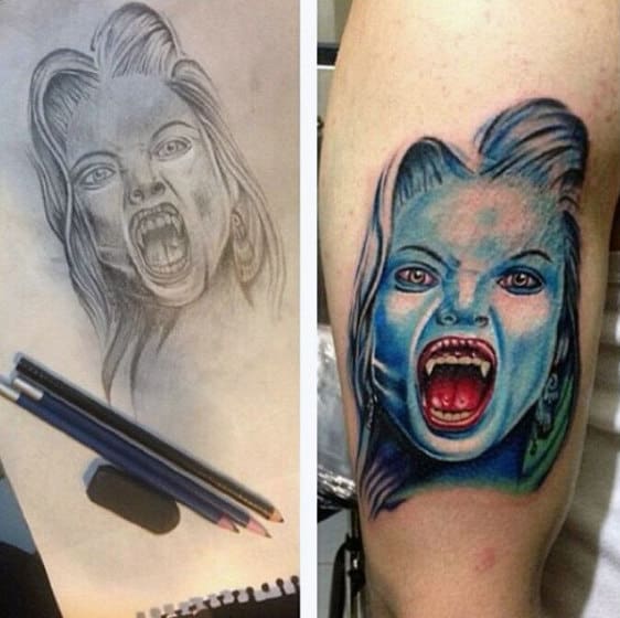 Man With Female Vampire Tattoo Design On Arm In Blue Ink