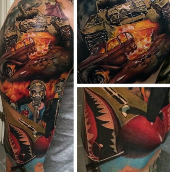 Man With Fighter Jet Air Force Sleeve Tattoo