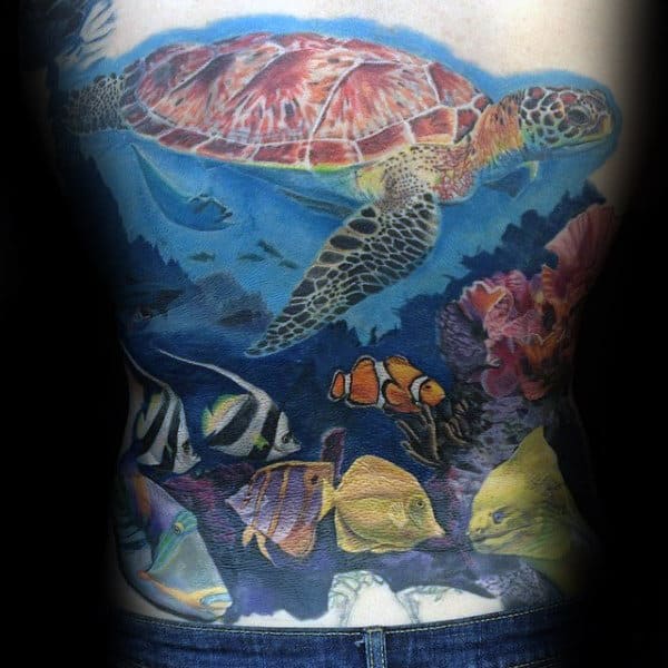 Man With Fish Turtle And Coral Reef Back Tattoo