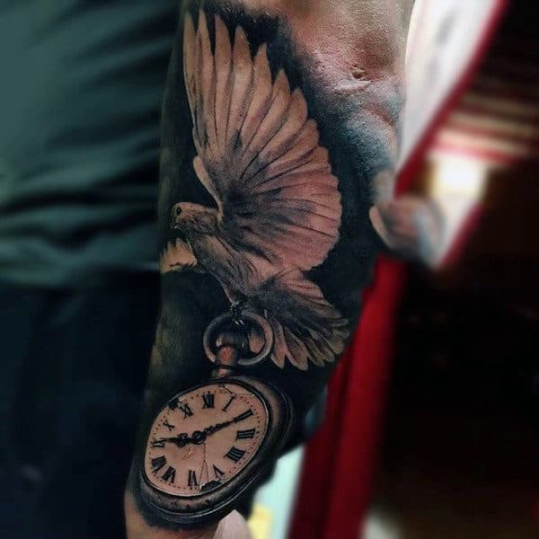 Man With Flappy Bird On Pocket Watch Tattoo Forearms