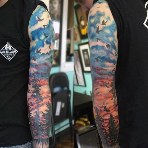 Man With Flock Of Birds Sunset Tattoo Full Sleeve