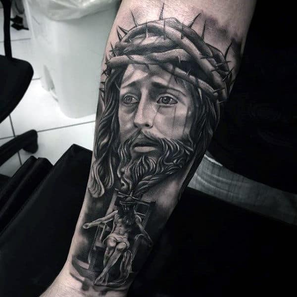 Man With Forearm Sleeve Of Jesus Christ
