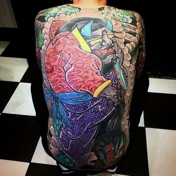 Man With Full Back Tattoo Of Colorful Japanese Design