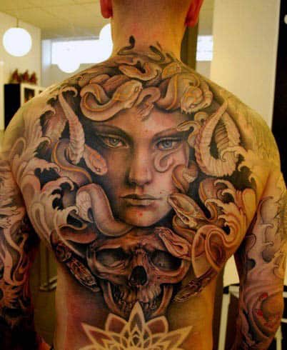 Man With Full Medusa Back Tattoos