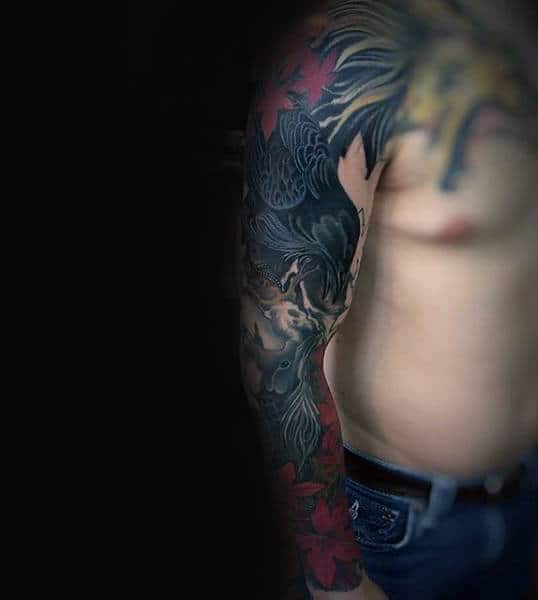 Man With Full Sleeve Japanese Crow Tattoo