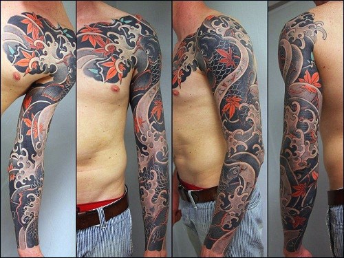 Man With Full Sleeve Tattoo Of Japanese Maple Leaf