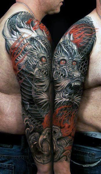 Man With Full Tattoo Sleeve Design Of Chinese Dragon