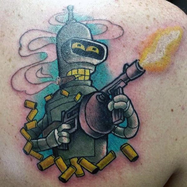 Man With Futurama Machine Gun Tattoo On Back
