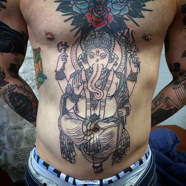Man With Ganesh Tattoo On Stomach And Chest