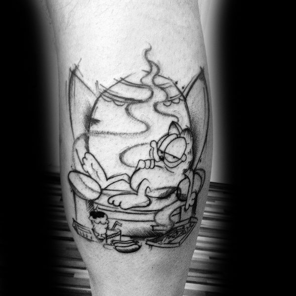 Black and gray Garfield tattoo lounging in a steaming hot tub, looking relaxed—perfect for a chill and laid-back design.