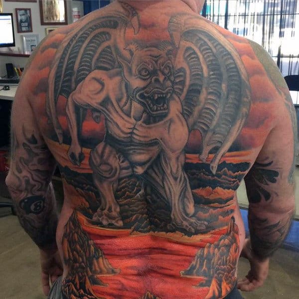 Man With Gargoyle Full Back Tattoo Design
