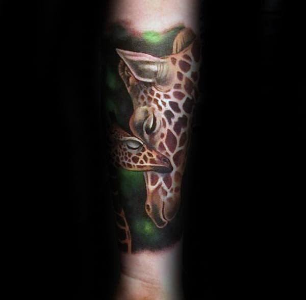 Man With Giraffe And Baby Forearm Sleeve Tattoo