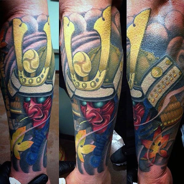 Man With Golden Armor Samurai Mask Tattoo Half Sleeve