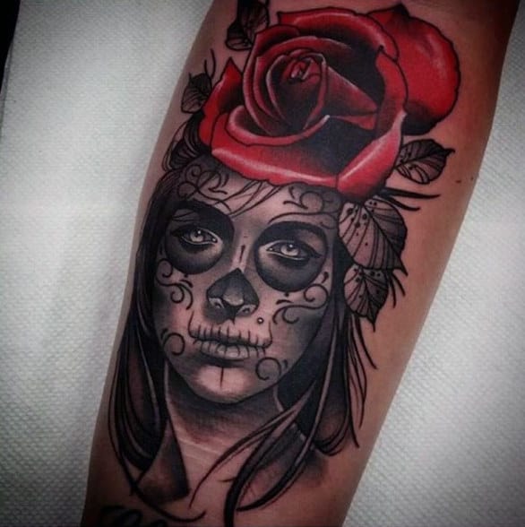 Man With Gorgeous Red Rose And Day Of The Dead Woman Tattoo On Forearm