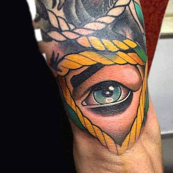 Man With Green Eye And Yellow Rope Neo Traditional Tattoo On Arms