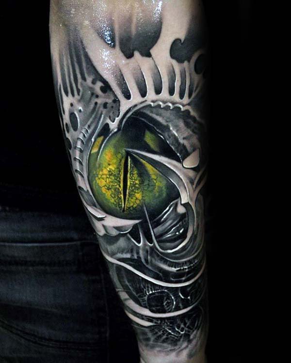 Man With Green Glowing Eye Extreme 3d Tattoo Forearm Sleeve