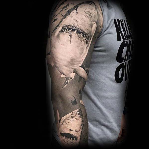 Man With Grey Ink Shaded Realistic 3d Shark Ocean Sleeve Tattoo