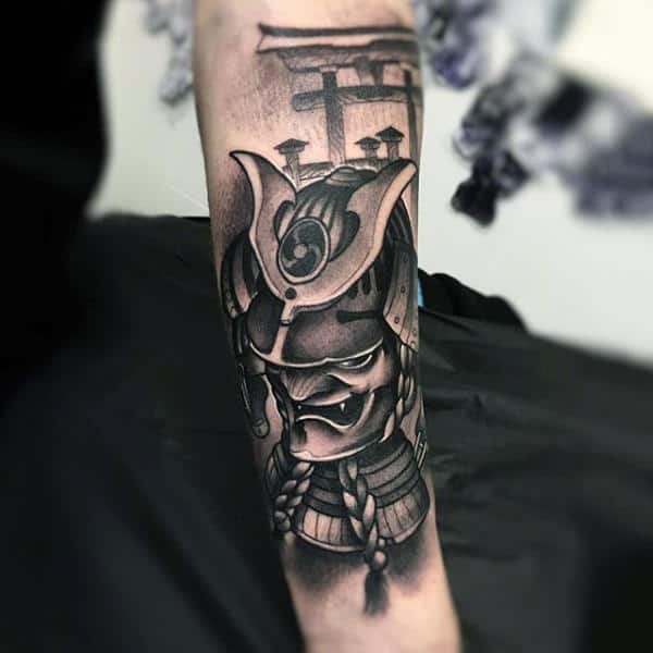 Man With Grining Evil Samurai Mask Half Sleeve Tattoo