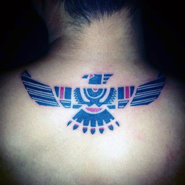 Man With Haida Tribal Eagle Upper Back Tattoo