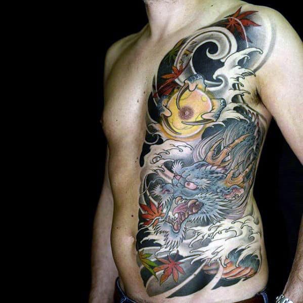Man With Half Chest Japanese Blue Dragon Tattoo