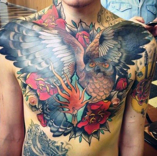 Man With Half Chest Owl Tattoo And Roses