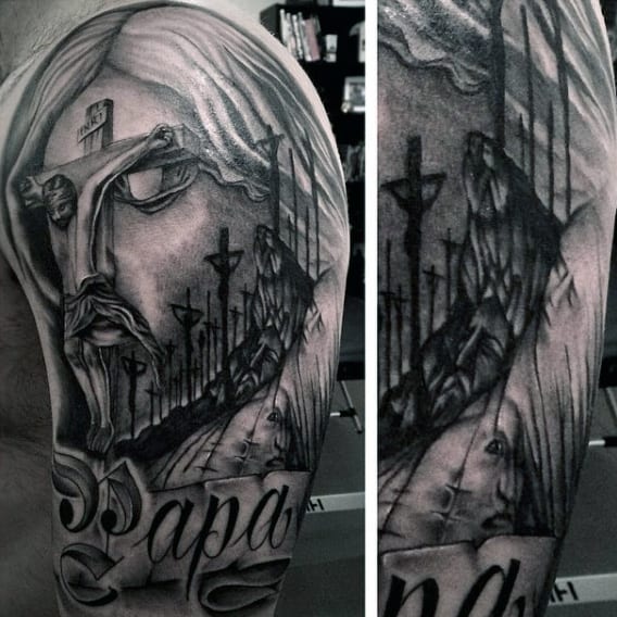 Man With Half Sleeve Christian Tattoos