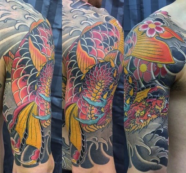 Man With Half Sleeve Koi Dragon Tattoo Design