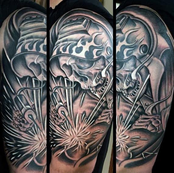 Man With Half Sleeve Skeleton Welding Tattoo