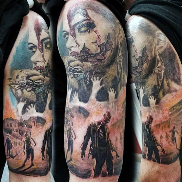 Man With Half Sleeve Walking Dead Zombie Tattoo