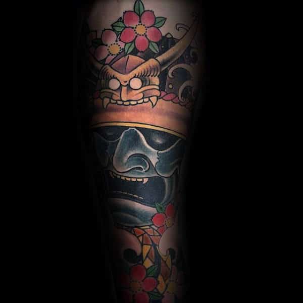 Man With Hannya Mask Wearing Samurai Helmet Forearm Tattoo