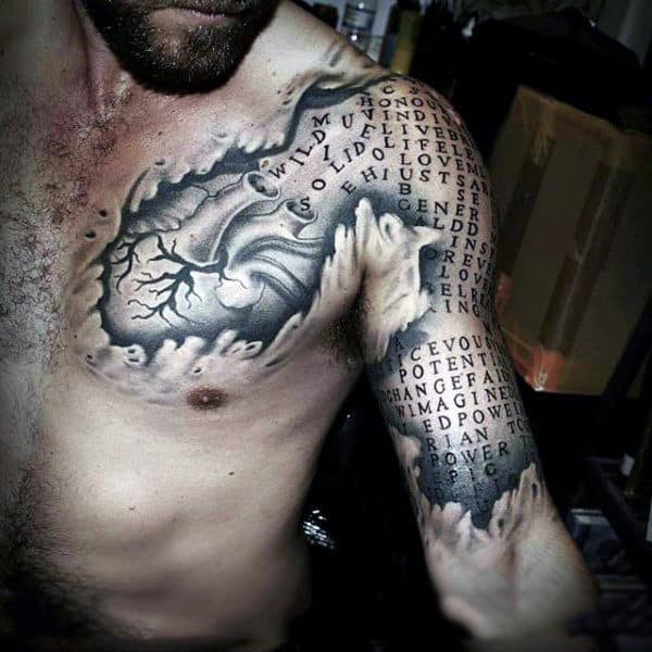 Man With Heart And Letters Ripped Skin 3d Optical Illusion Tattoo On Chest And Arm
