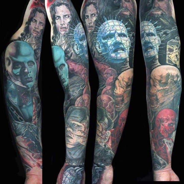 Full-sleeve *Hellraiser* tattoo featuring Pinhead, eerie characters, dark shading, and vivid blue and red tones for a striking horror design.