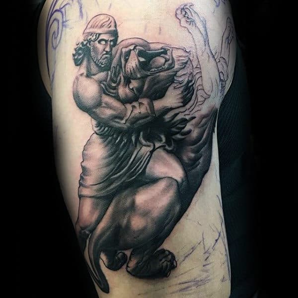 Man With Hercules Fighting Lion Upper Arm Tattoo