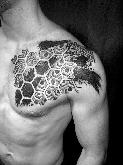 Man With Hexagonal Honeycomb And Black Paint Strokes Tattoo