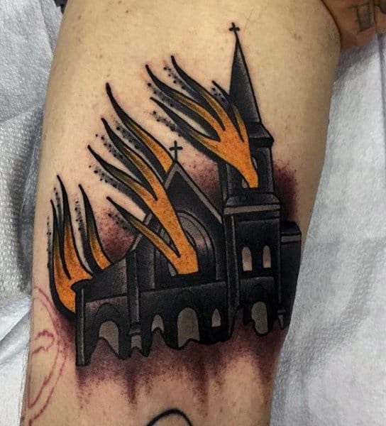 Man With In Flames Tattoo Of Haunted House