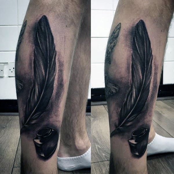 Man With Ink Bottle And Feather Tattoo On Calves