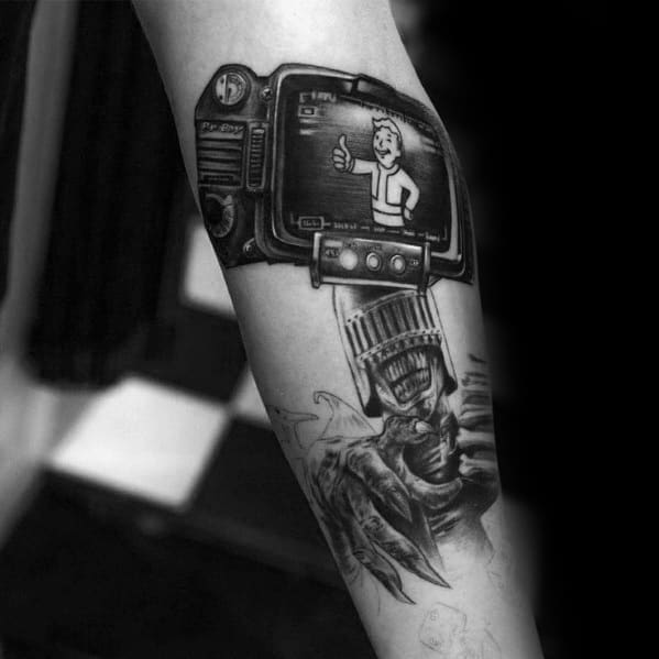 Man With Inner Forearm Shaded Fallout Tattoos