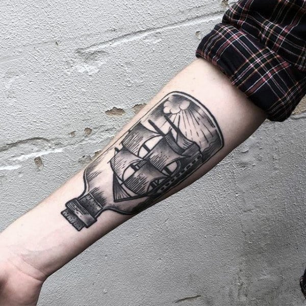Man With Insane Ship In A Bottle Forearm Tattoo