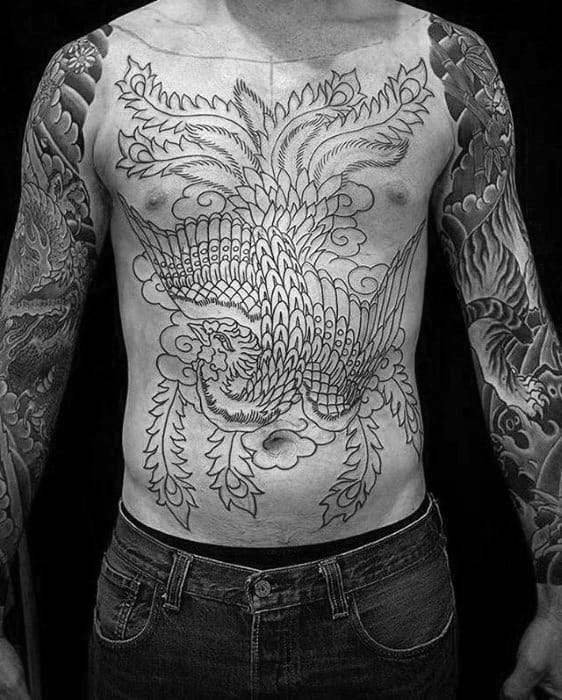 Man With Japanese Black Ink Outline Phoenix Chest Tattoo