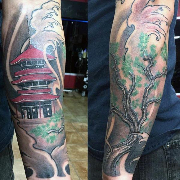 Man With Japanese Bonsai Tree Forearm Sleeve Tattoo Design