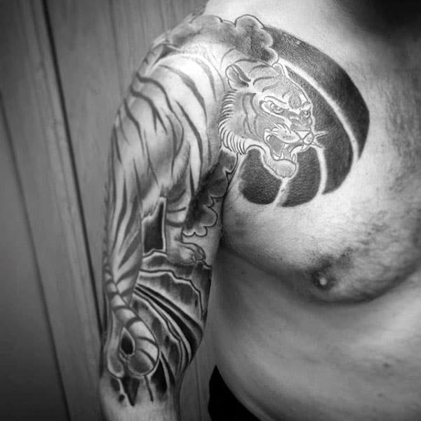 Man With Japanese Half Sleeve Shaded Black And Grey Ink Tattoo Design
