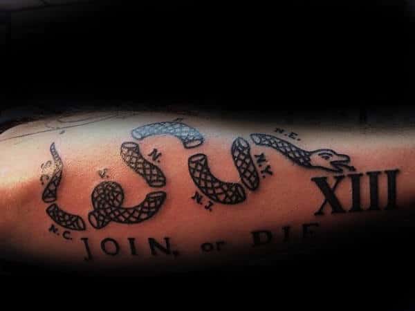 Man With Join Or Die Outer Forearm Black Ink Tattoo Design
