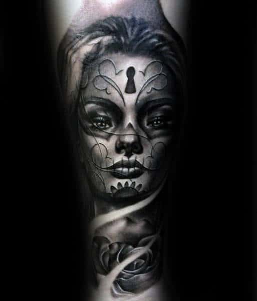 Man With Keyhole Day Of The Dead Tattoos