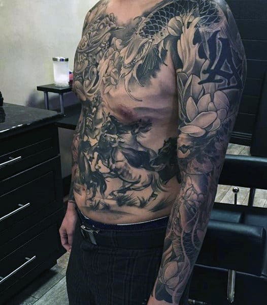 Man With Koi Fish Sleeve And Chest Tattoos